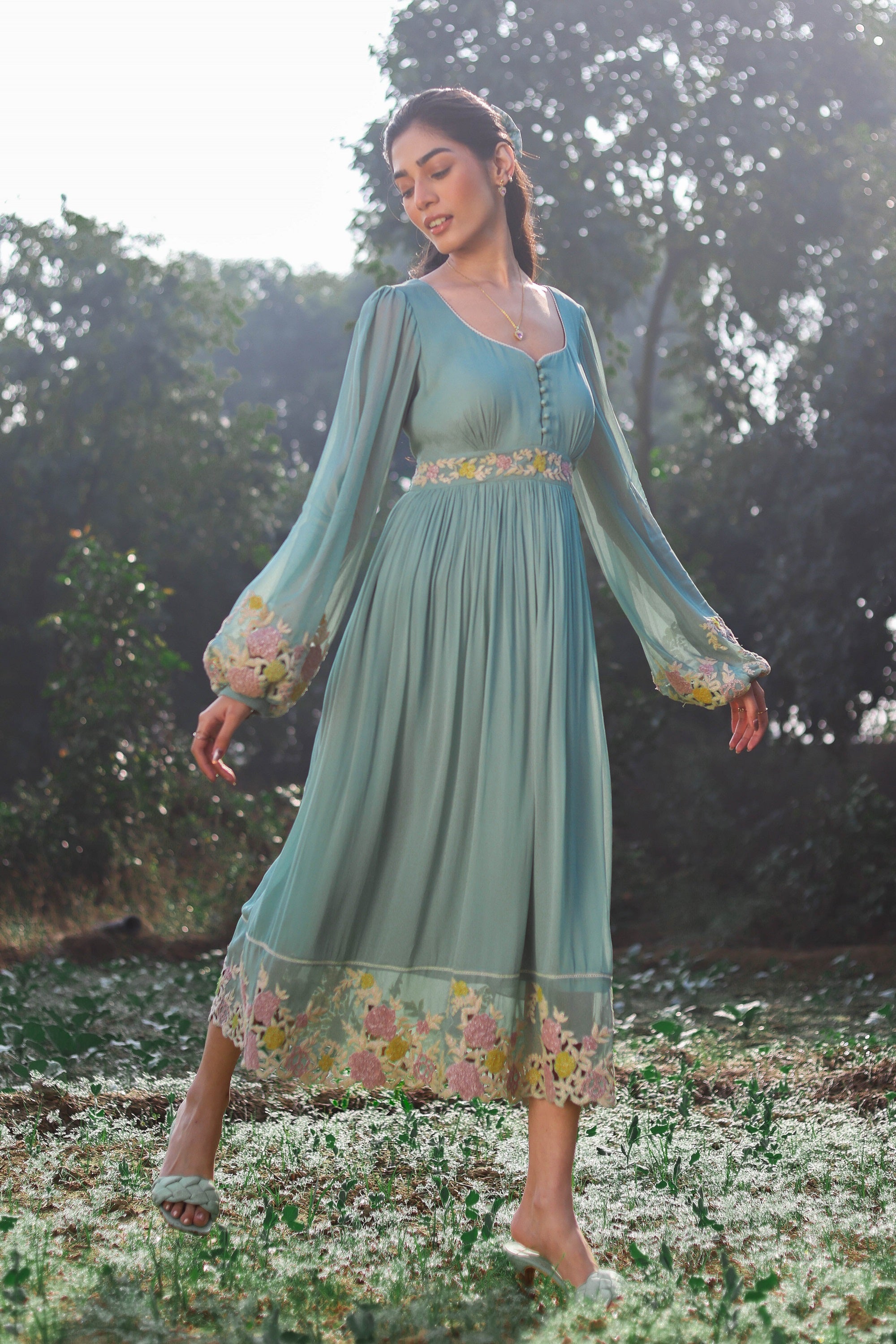 green cutwork dress Karen Millen Cotton Cutwork Belted Midi Dress in Green