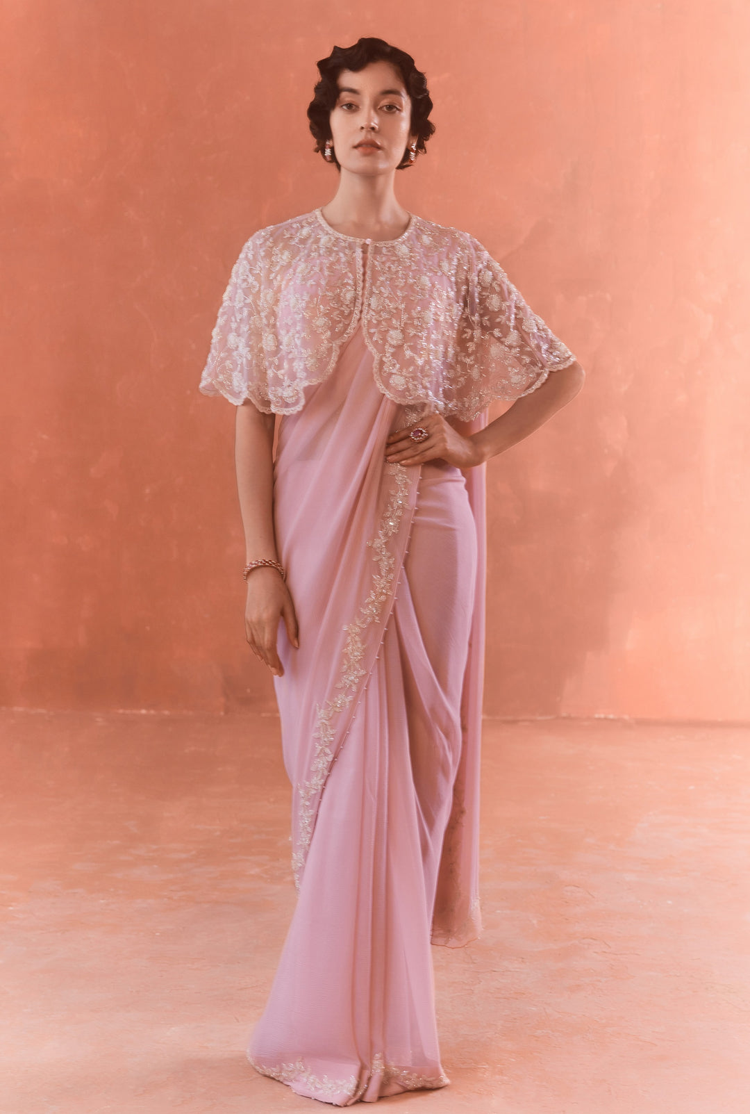 Pink Adena Poncho Chiffon Saree With Georgette/Net Blouse