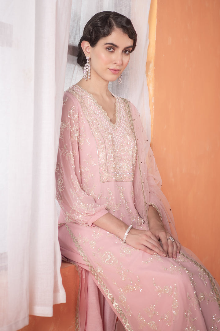 Pink Mirella Kurta Set Embroidered Cutdana Pearls Salwar Mukaish Dupatta Georgette Net