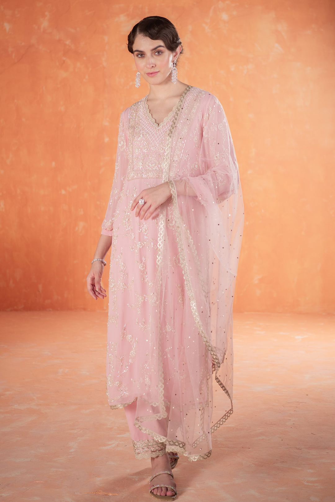 Pink Mirella Kurta Set Embroidered Cutdana Pearls Salwar Mukaish Dupatta Georgette Net