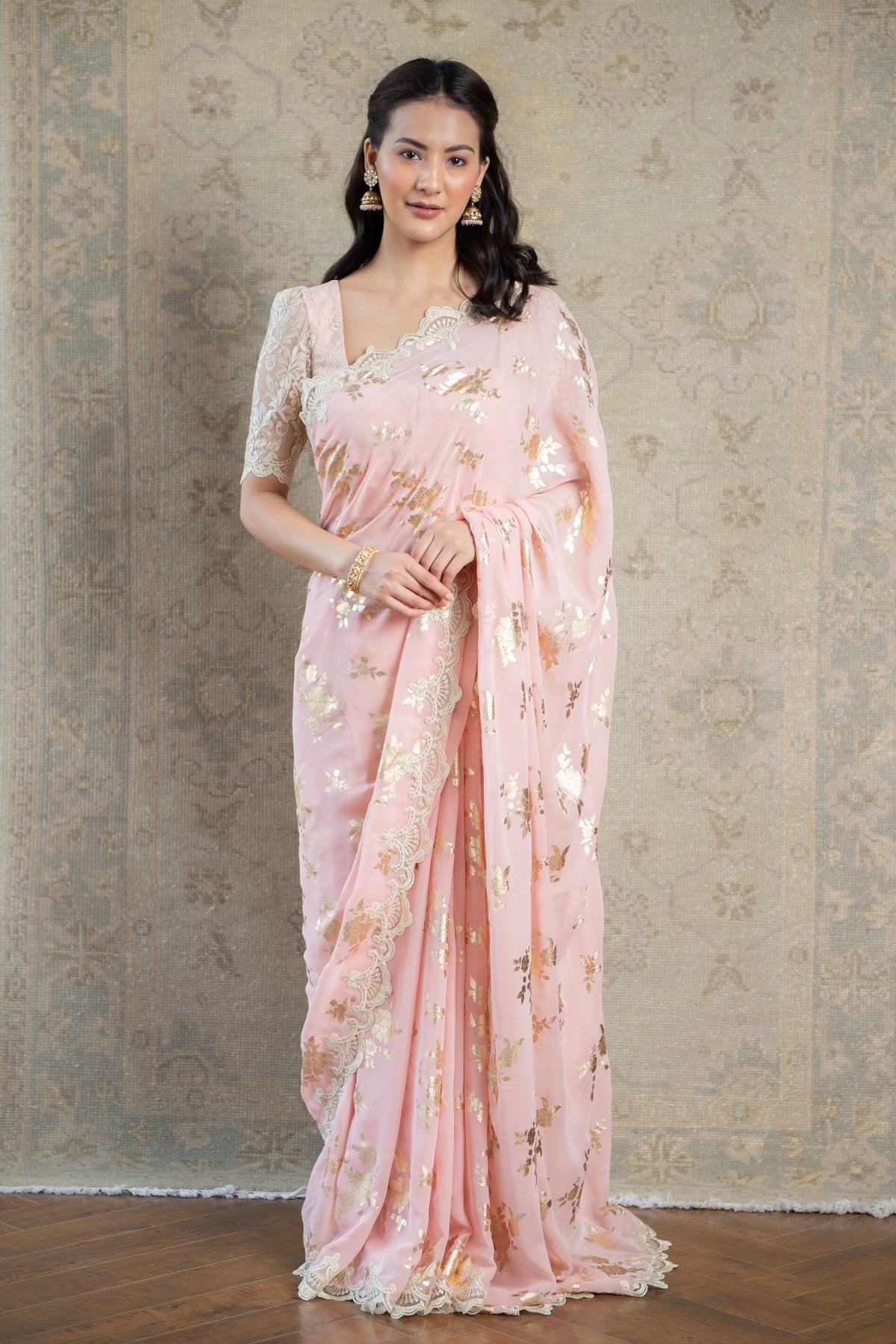 Buy Peach Foil Print Georgette Saree Summer by Priyanka Gupta