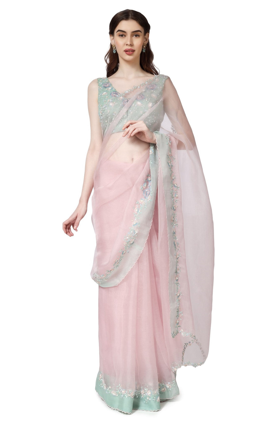 Pink Winter Garden Patch Saree With Georgette Embroidered Blouse