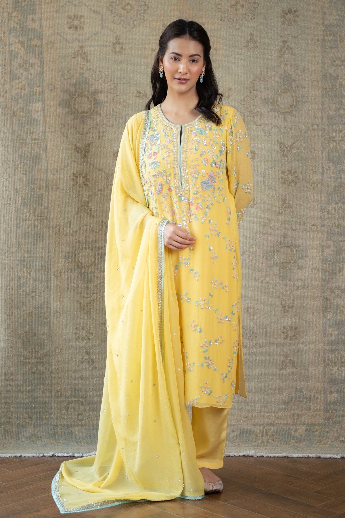 Yellow Persian Straight Designer Kurta Set for Women Summer By