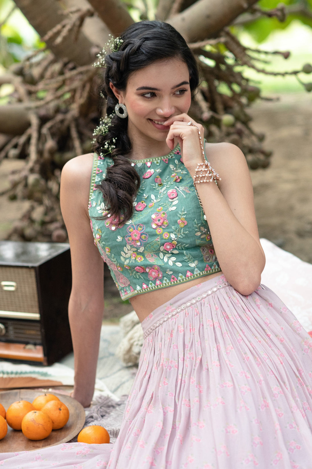 Close-up of hand embroidered blouse with detailed neckline