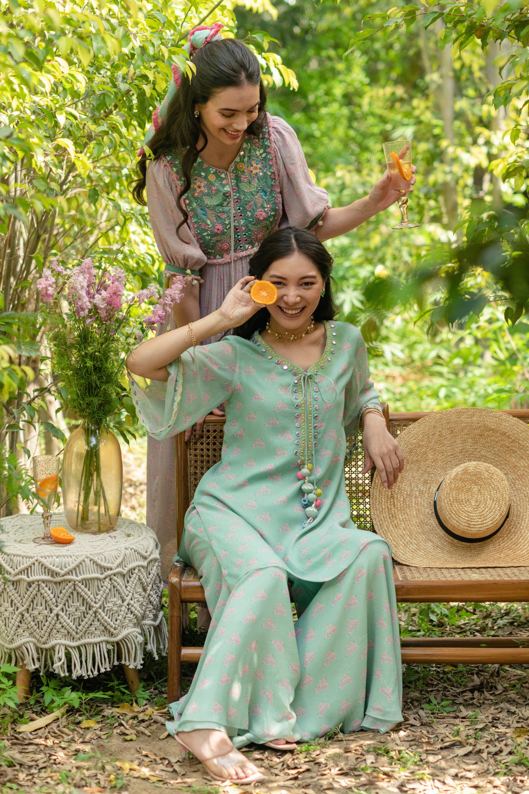 Woman wearing embroidered coord set