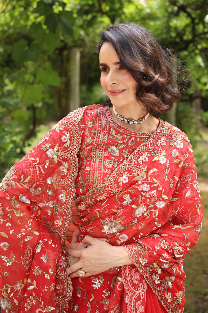 Red Wedding Bloom Saree