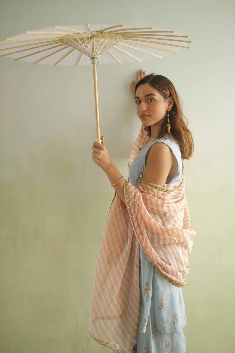 Blue Bow Embroidered Kurta with Farshi Salwar