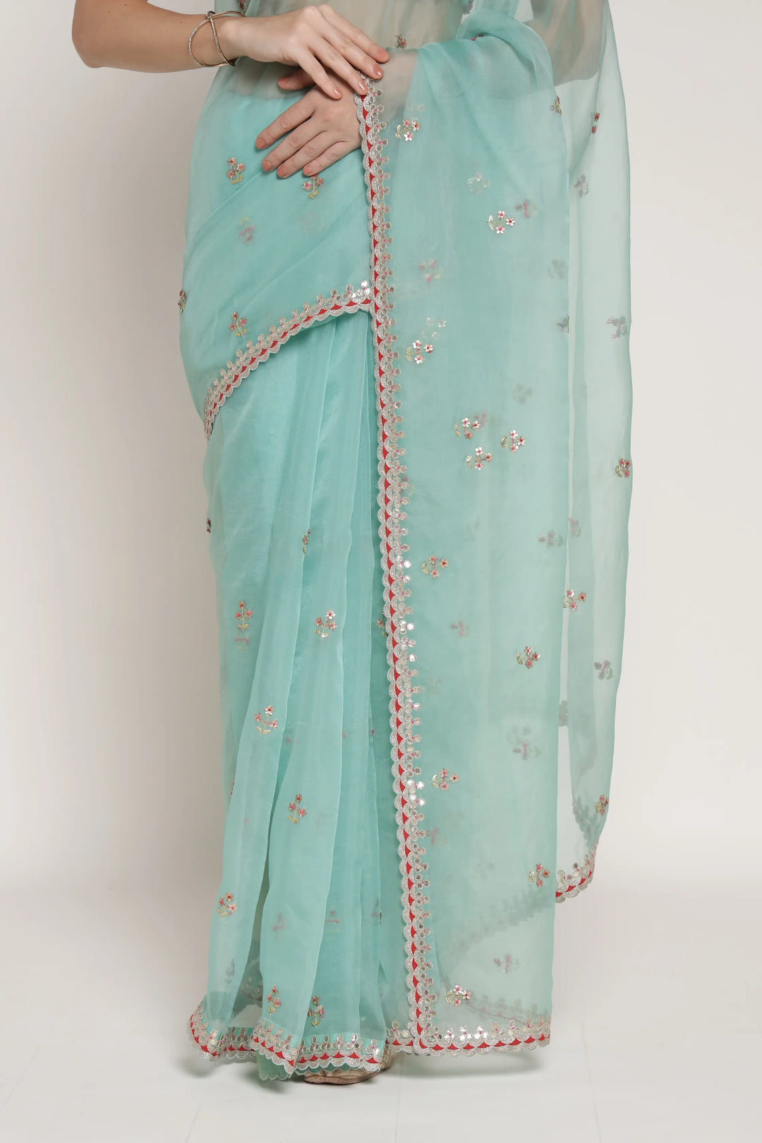 Turq Gota 3 Flower Saree