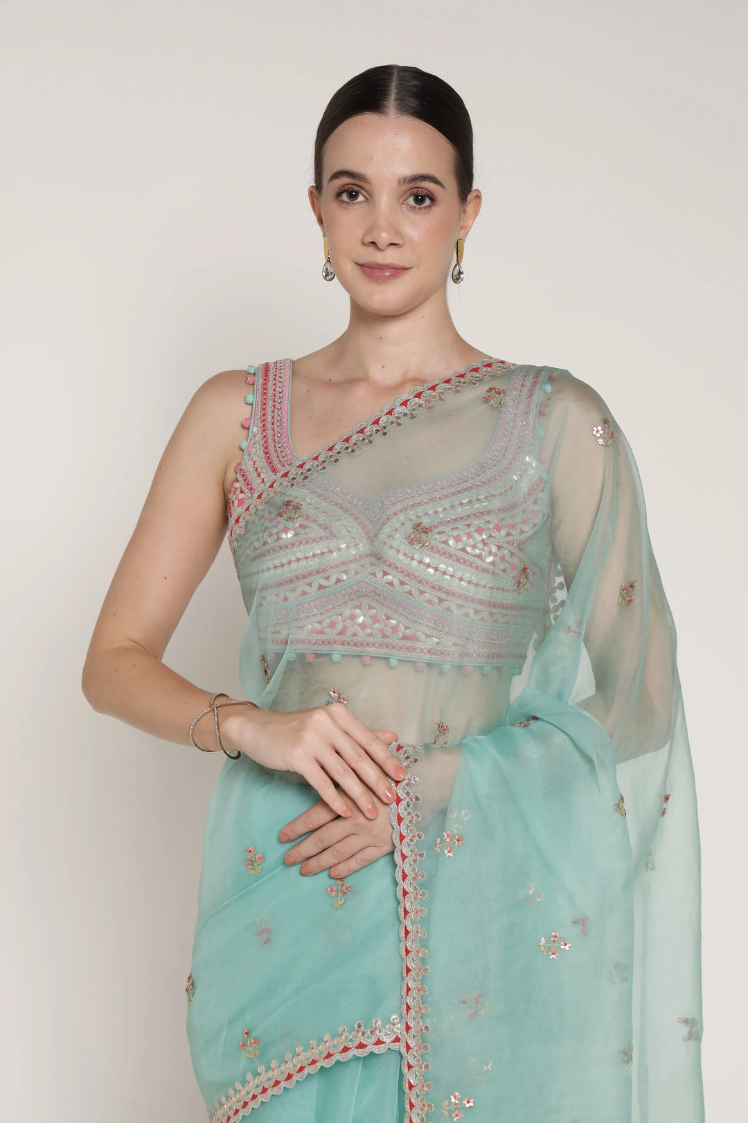 Turq Gota 3 Flower Saree