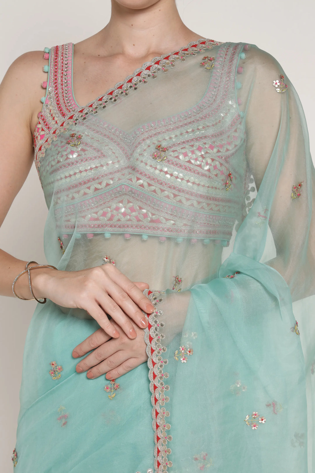 Turq Gota 3 Flower Saree