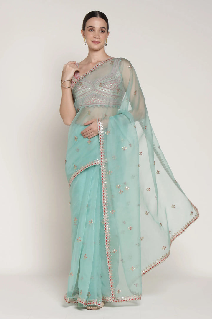 Turq Gota 3 Flower Saree