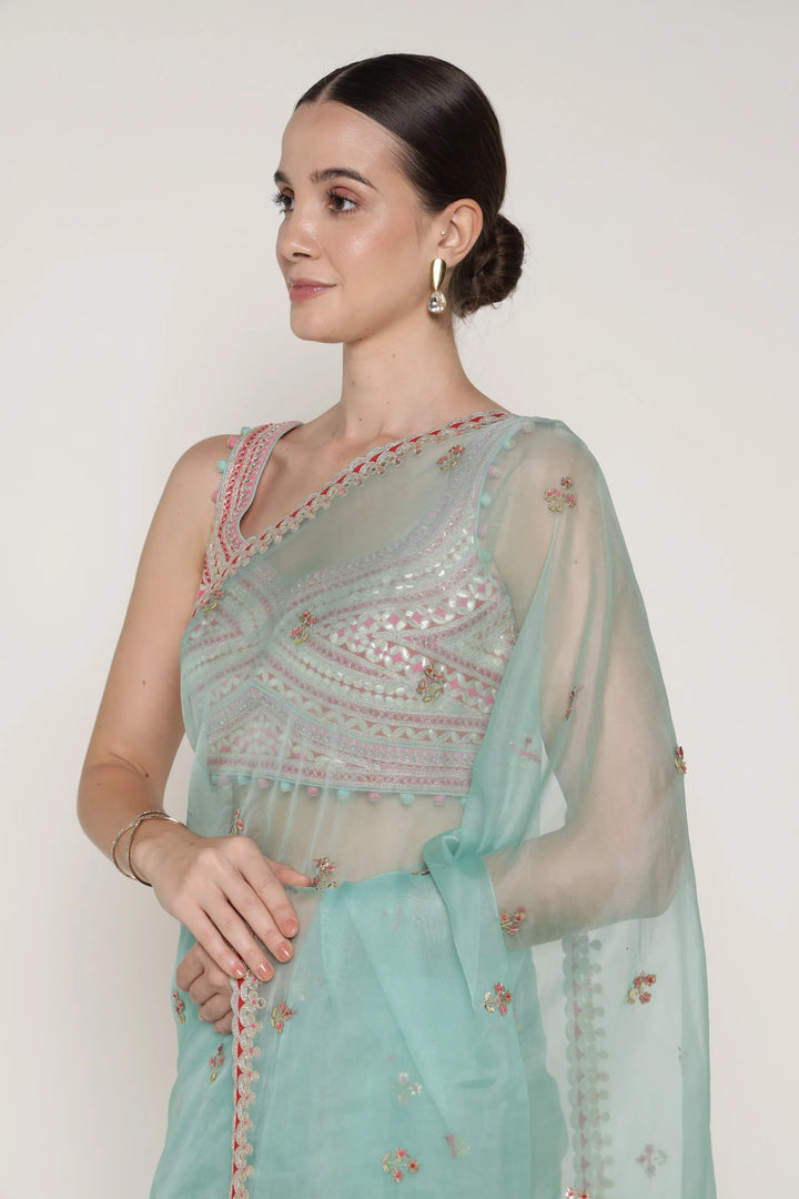 Turq Gota 3 Flower Saree