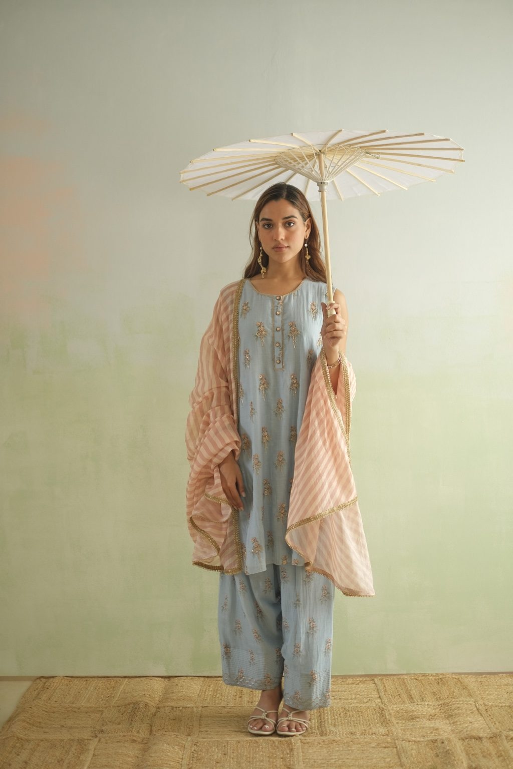 Blue Bow Embroidered Kurta with Farshi Salwar