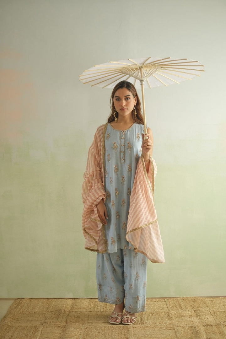 Blue Bow Embroidered Kurta with Farshi Salwar