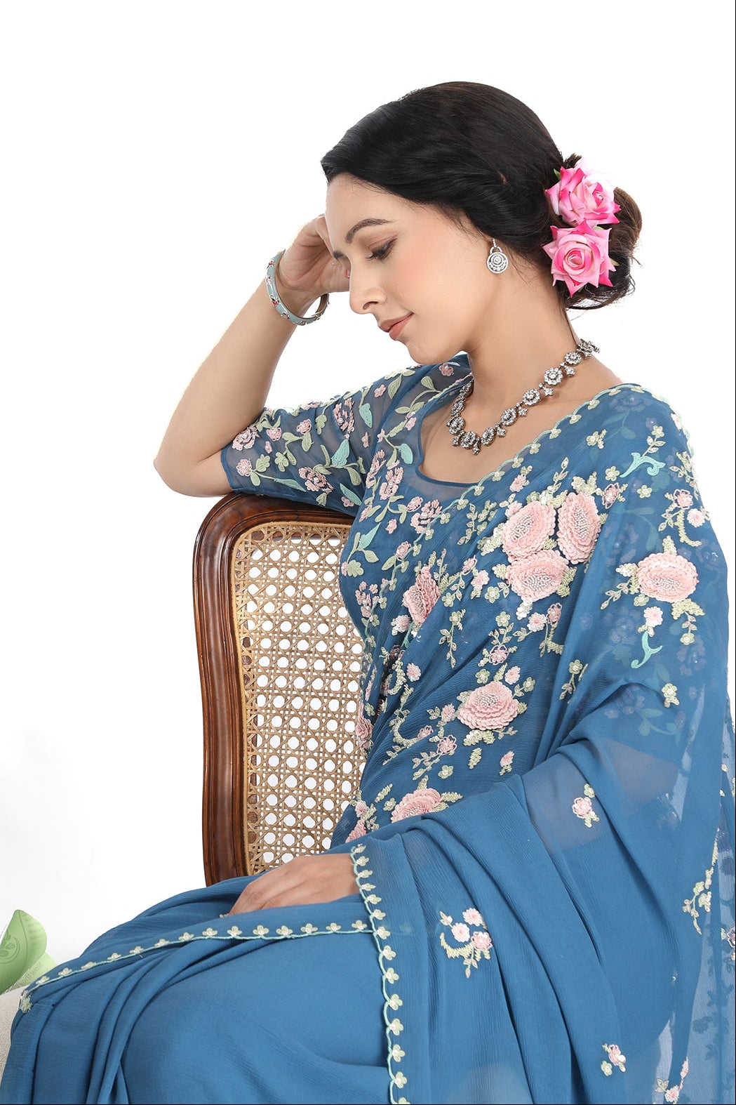 Blue Ambar Rose Butterflies Saree