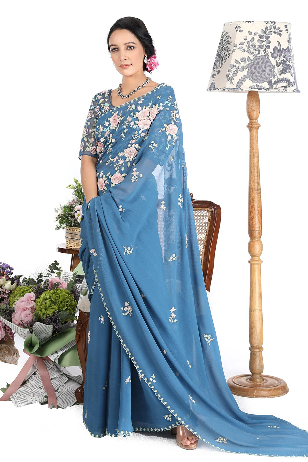 Blue Ambar Rose Butterflies Saree