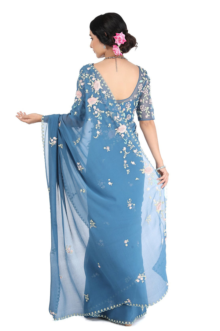 Blue Ambar Rose Butterflies Saree