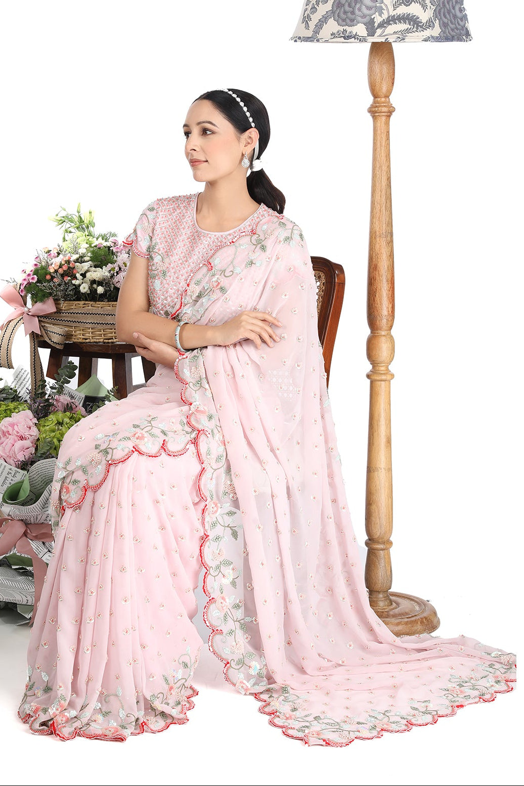 Pink Ribbon Scallop Saree