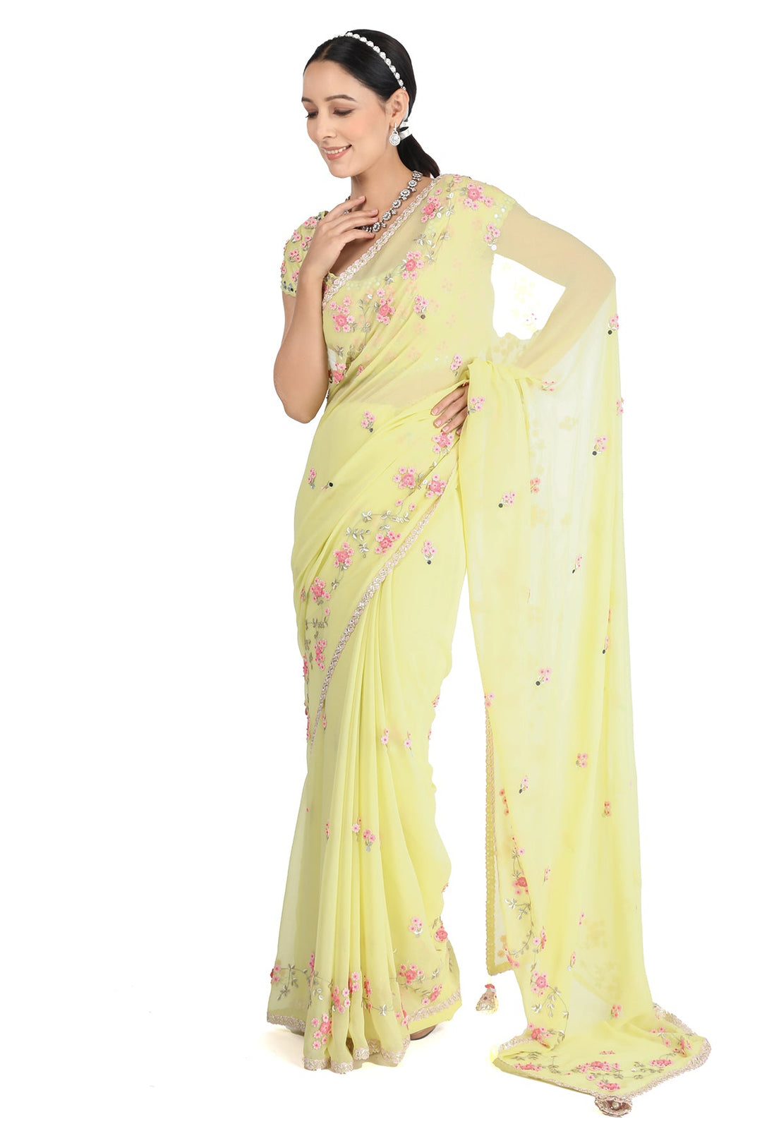Lime Floral Wave Saree