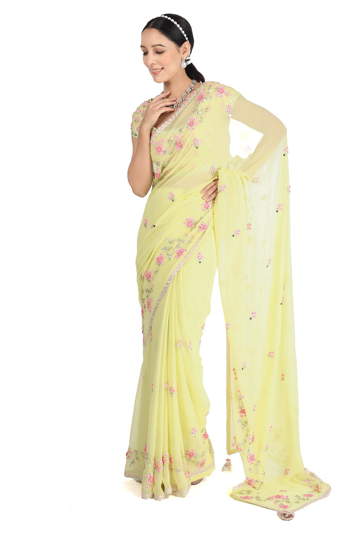 Lime Floral Wave Saree