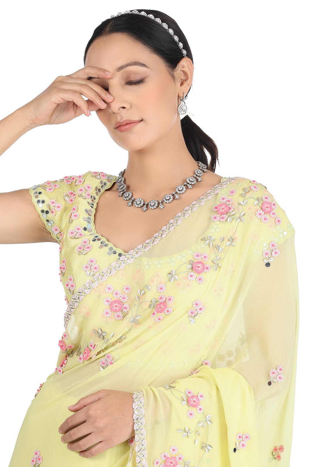 Lime Floral Wave Saree