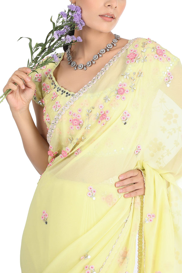 Lime Floral Wave Saree
