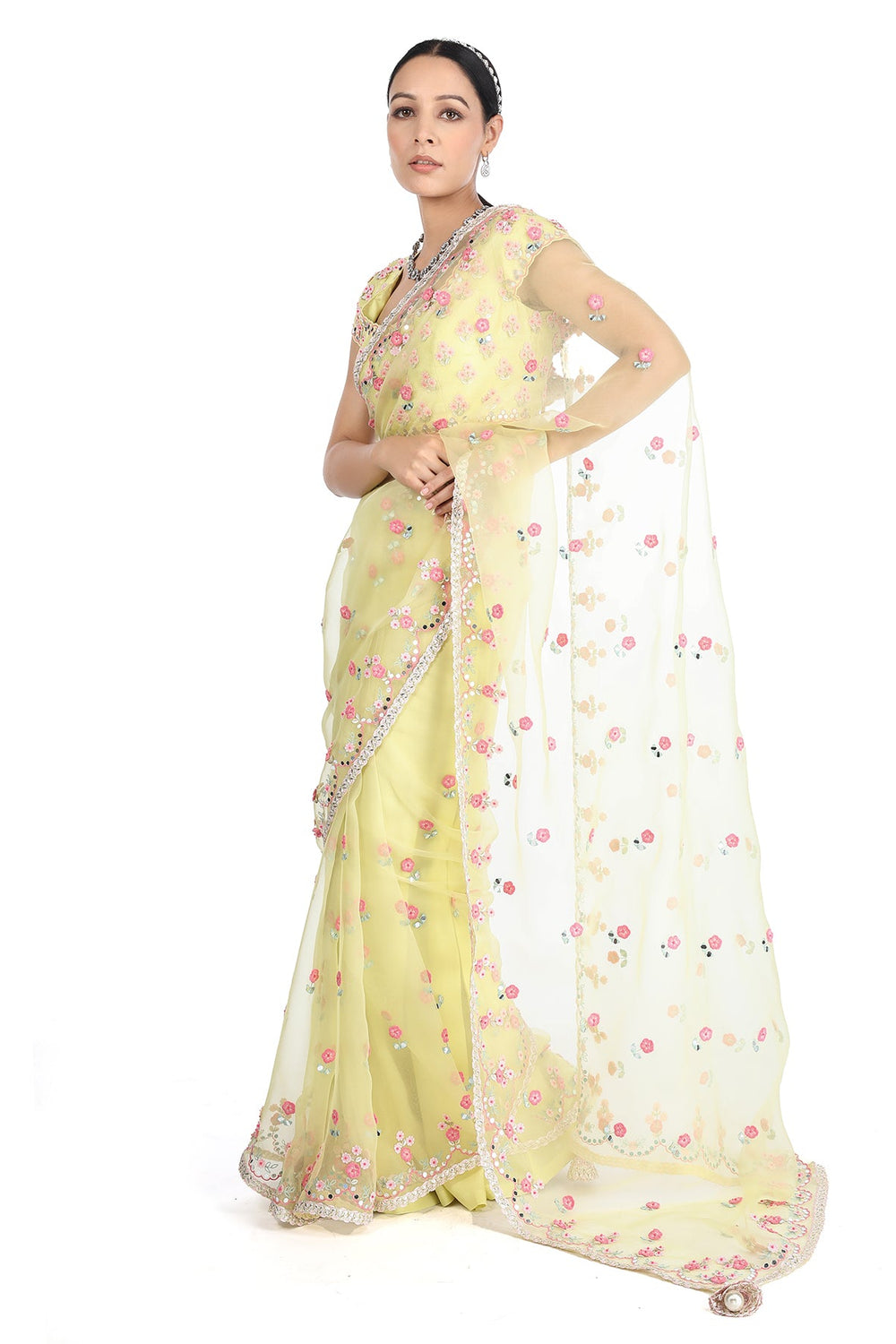Lime Mirror Scallop Saree