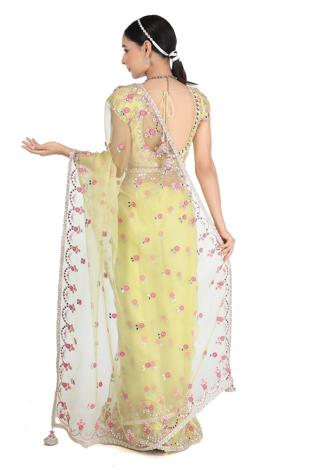 Lime Mirror Scallop Saree