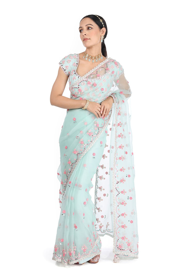 Teal Gota Mirror Saree