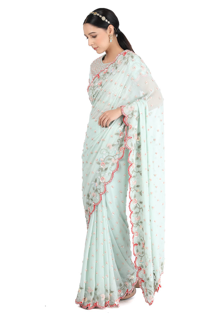 Teal Ribbon Scallop Saree