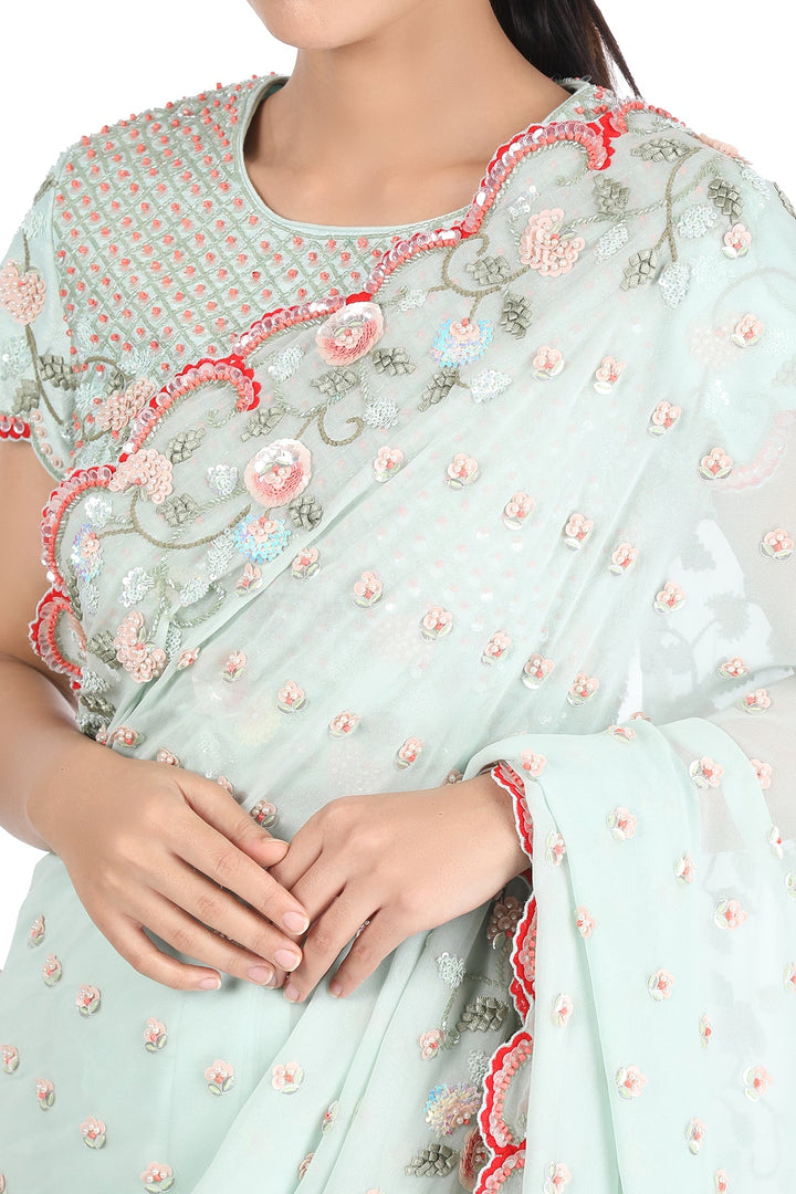 Teal Ribbon Scallop Saree