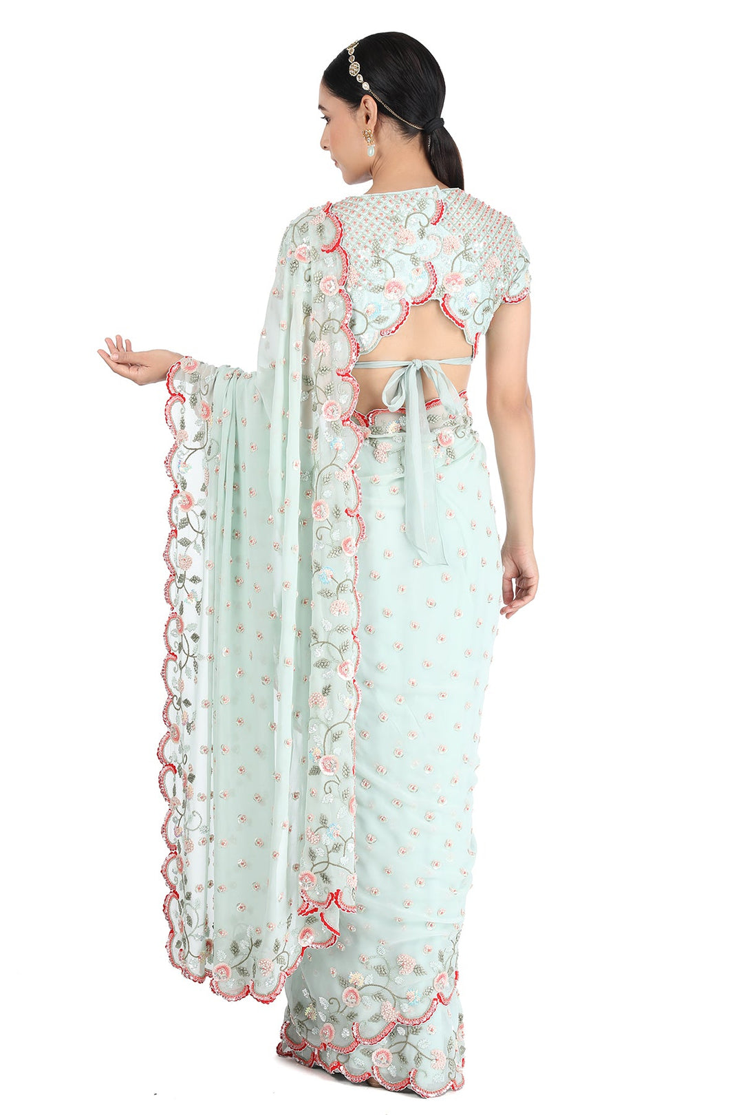 Teal Ribbon Scallop Saree