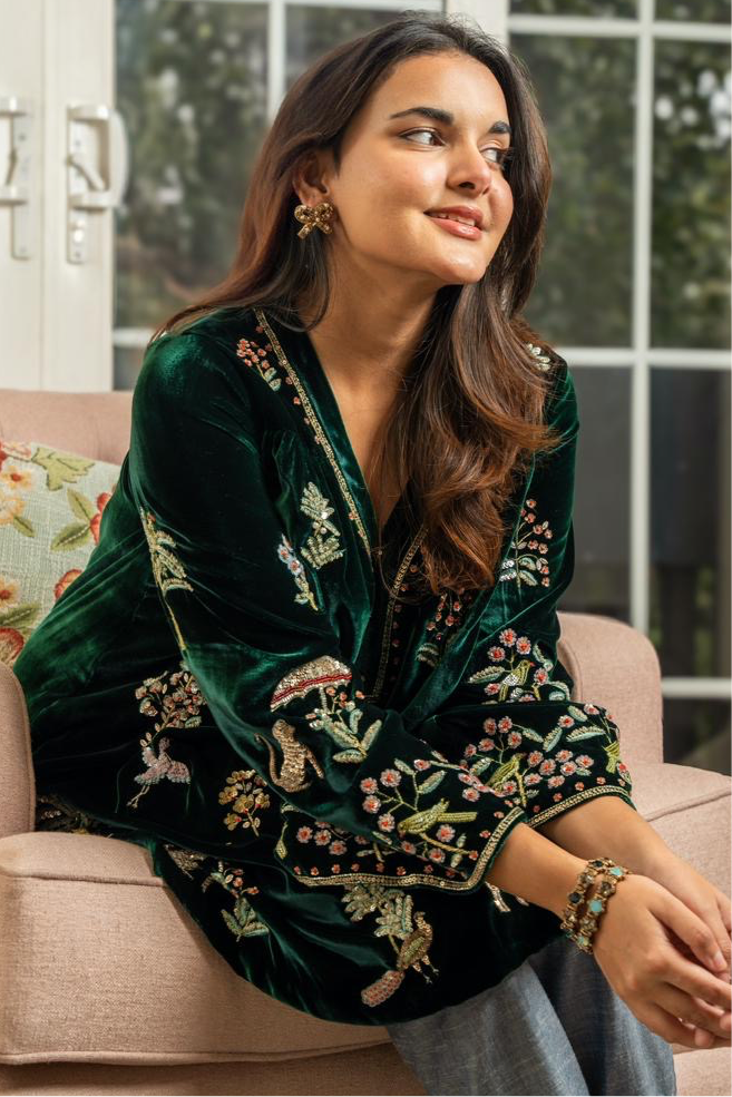 Emerald Green Velvet Machan Tunic