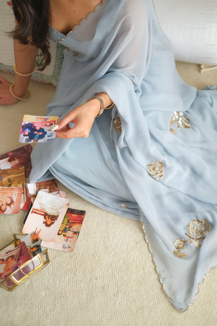 Ice blue Shadow Rose Saree