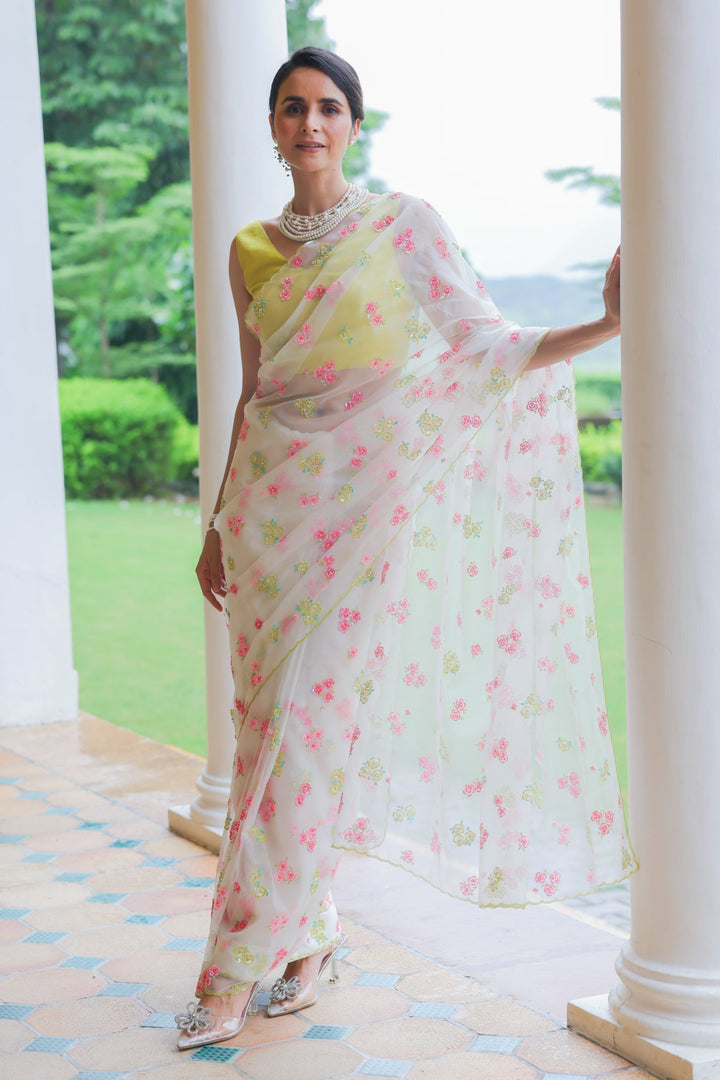 Woman in a floral saree standing in a garden with columns.