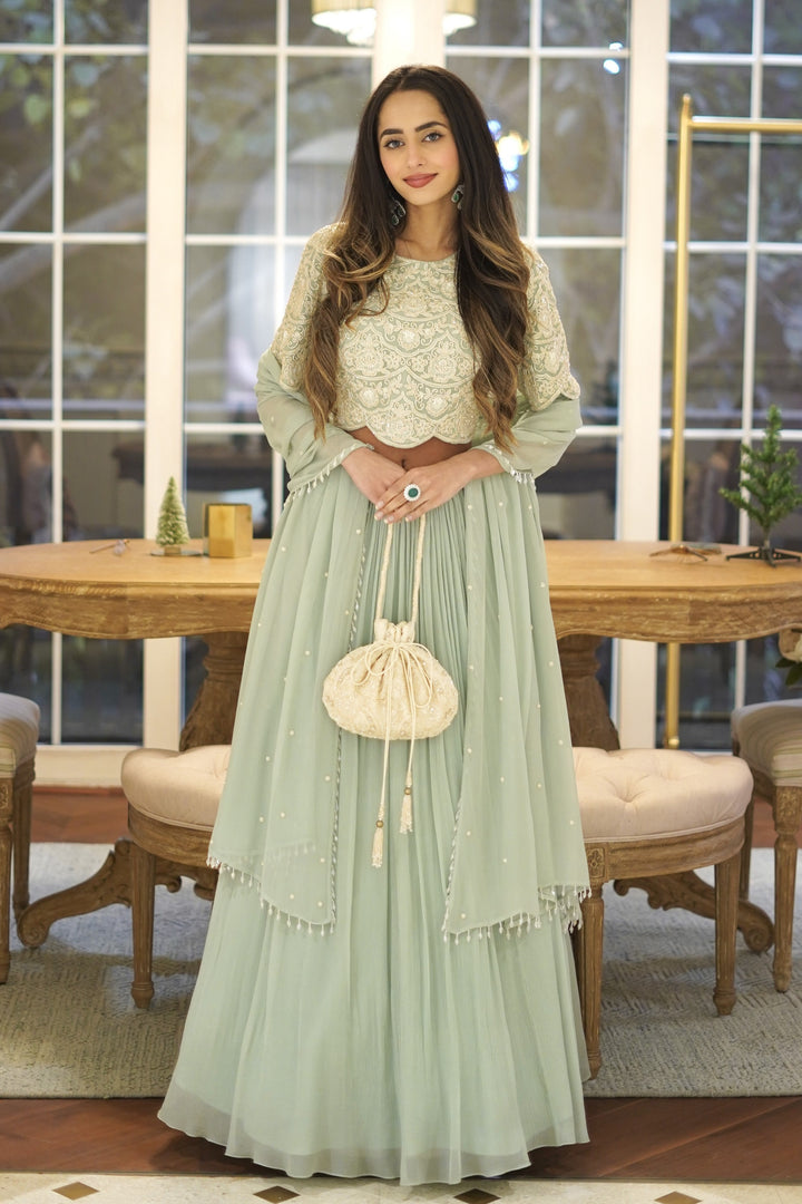 Soumya Puri Teal Light Chandelier Lehenga