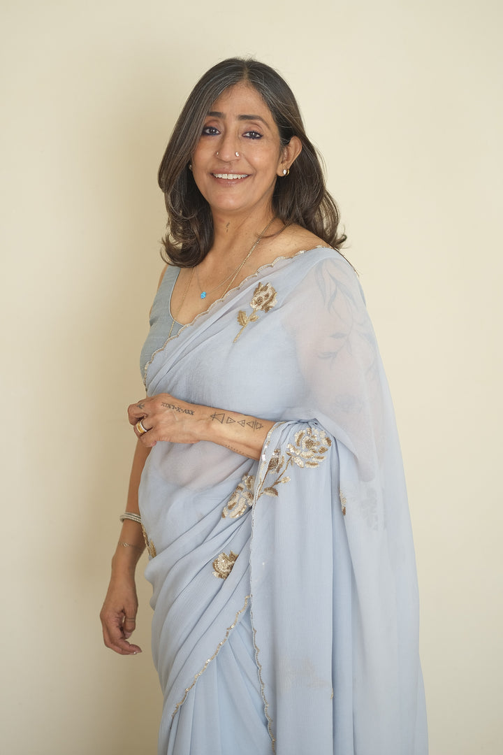 Ice blue Shadow Rose Saree