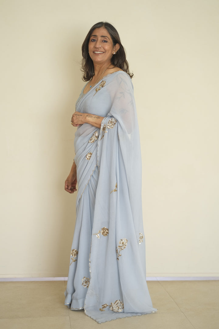 Ice blue Shadow Rose Saree