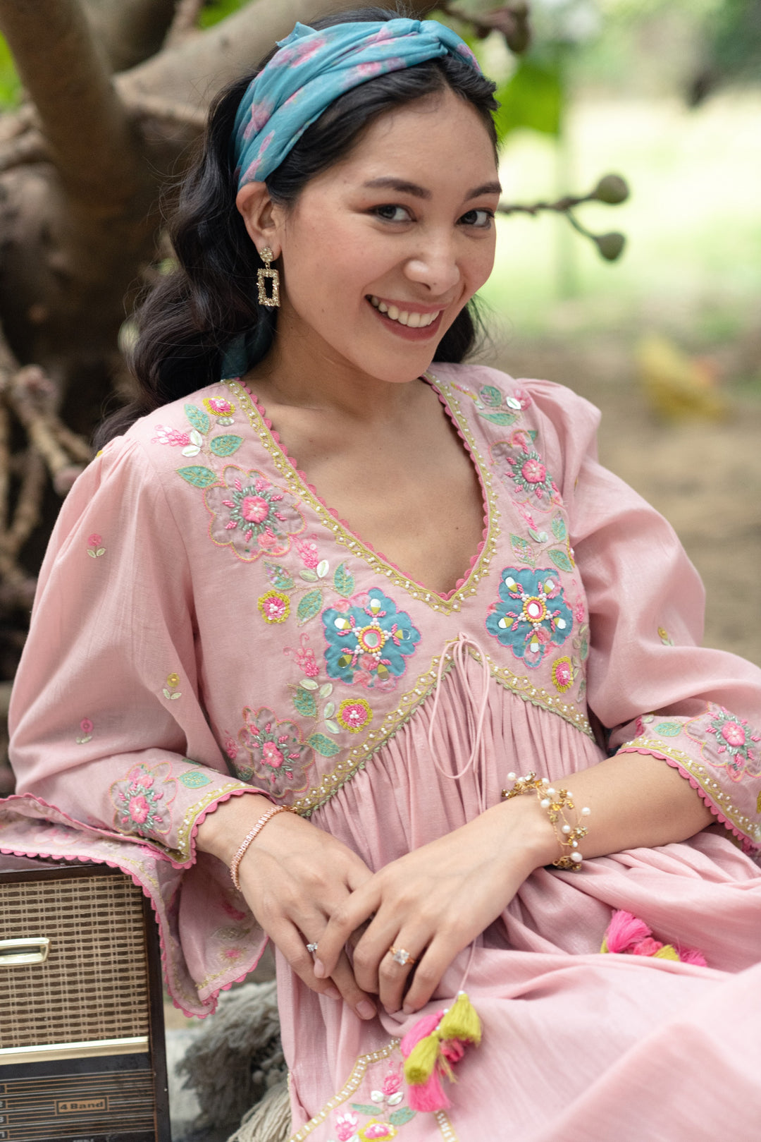 gypsy pink dress Long Sleeve Woven Dress with Elastic Waistband and Pockets