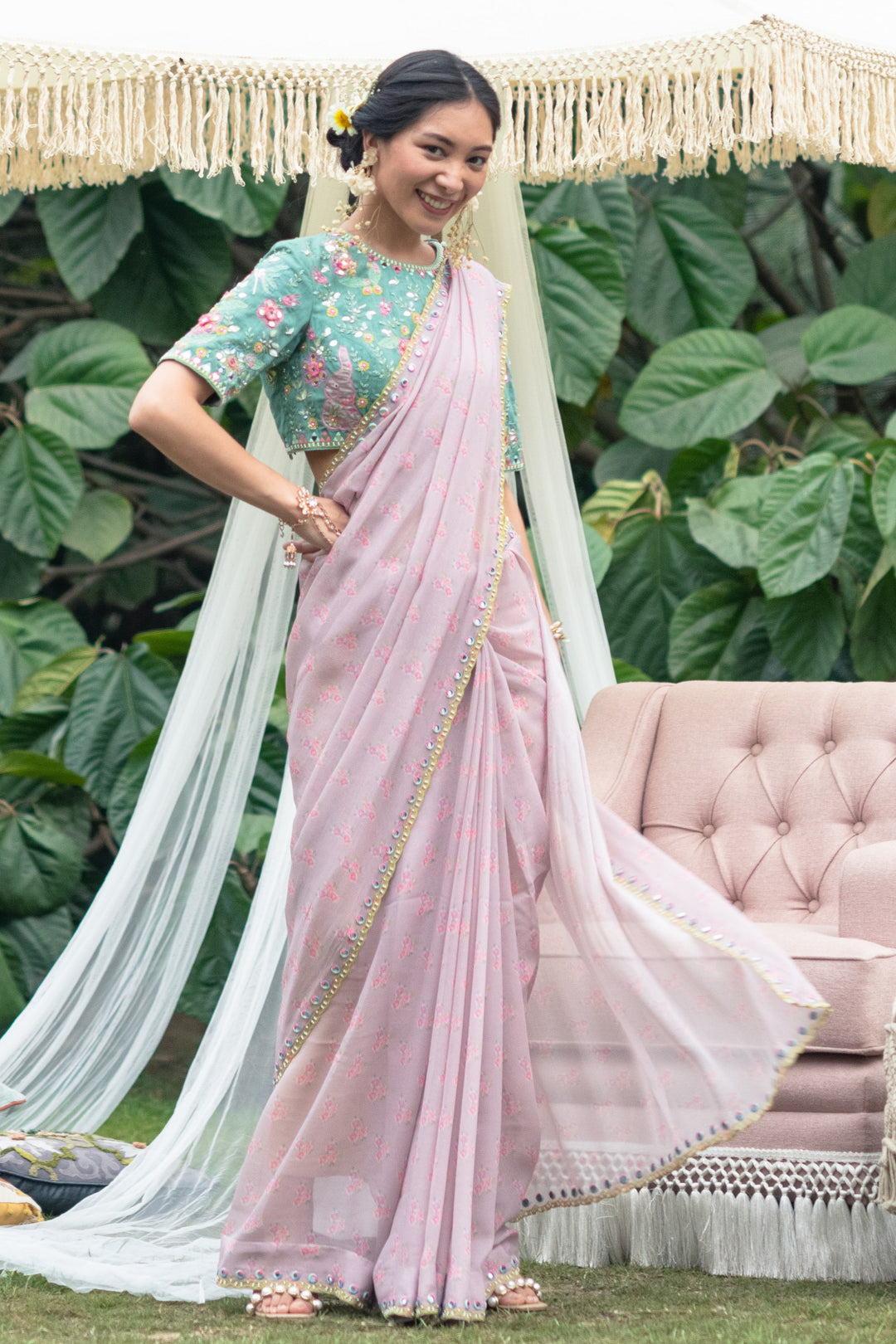 Pink Rainbow Saree With Green Magic Top With Sleeves XS