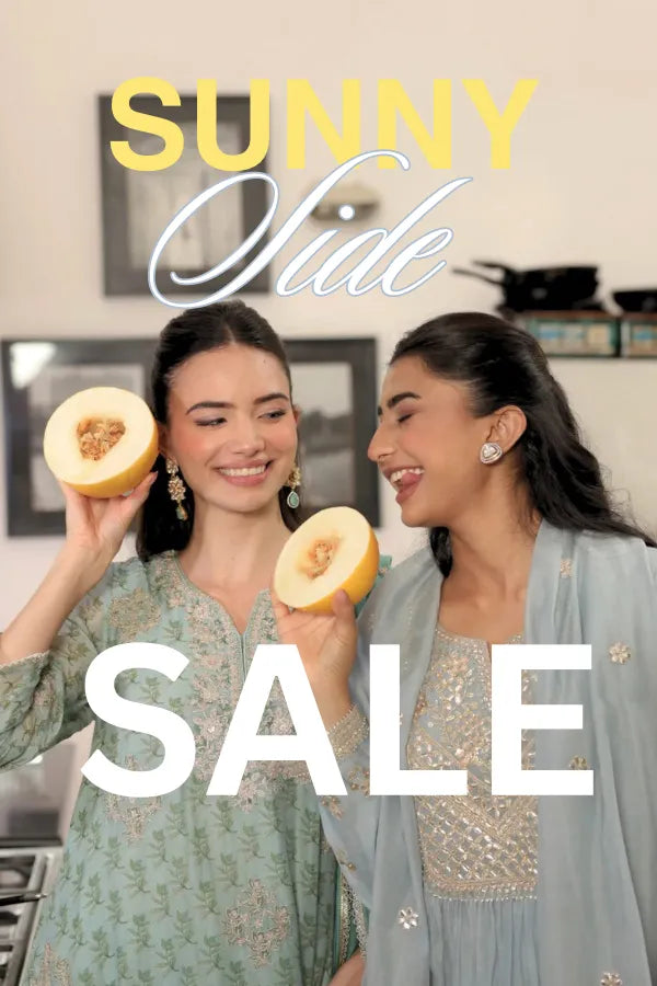 Two women holding melons with 'Sunny Side Sale' text overlay