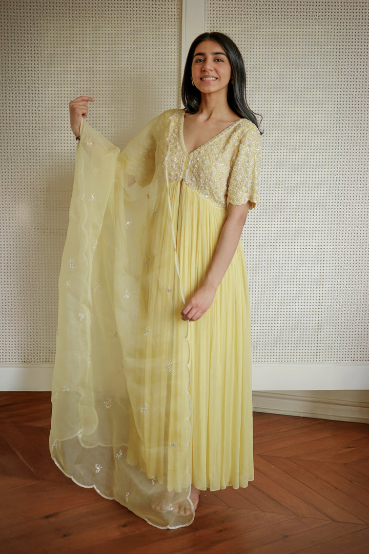 Woman in a yellow dress holding a sheer fabric against a textured wall.