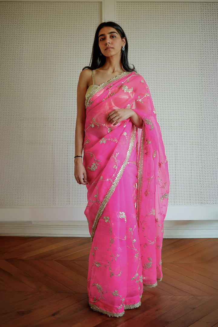 Woman wearing a pink saree with a gold border indoors.