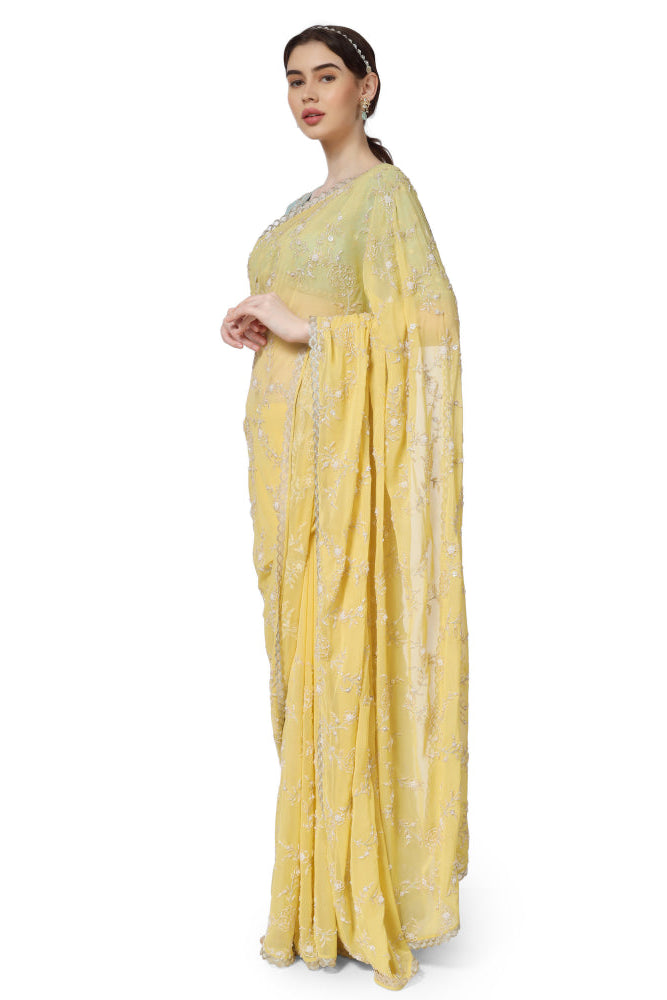 Yellow Uncut Rose Jaal Saree