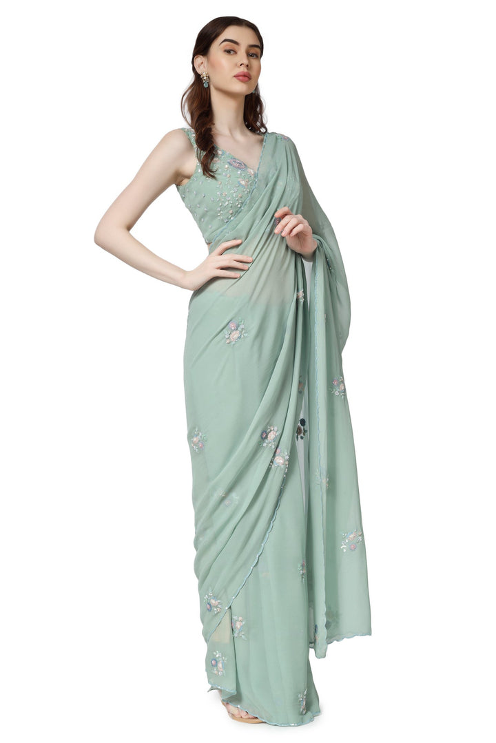 Teal Winter Garden Bunches Saree