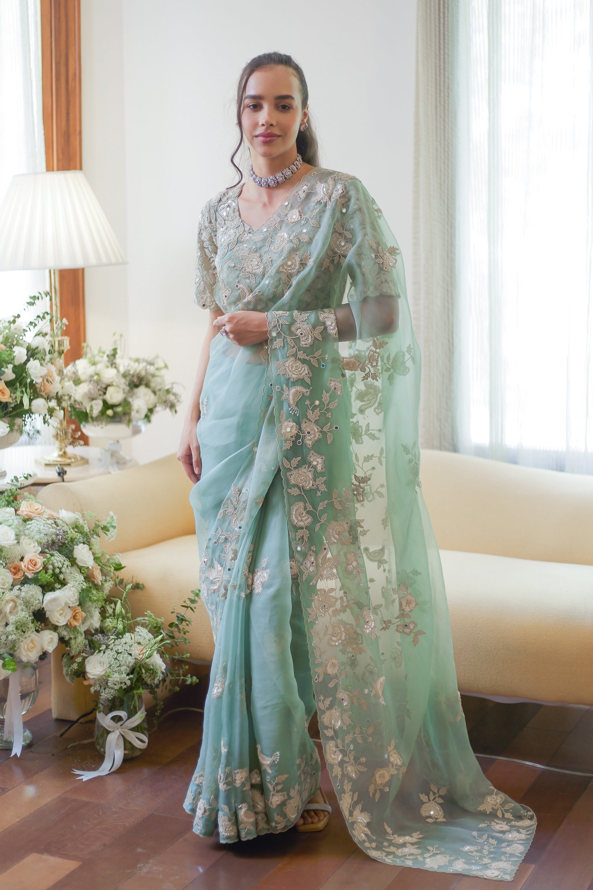 Buy Fall Green Garden Party Saree | By Summer – Summer By Priyanka Gupta