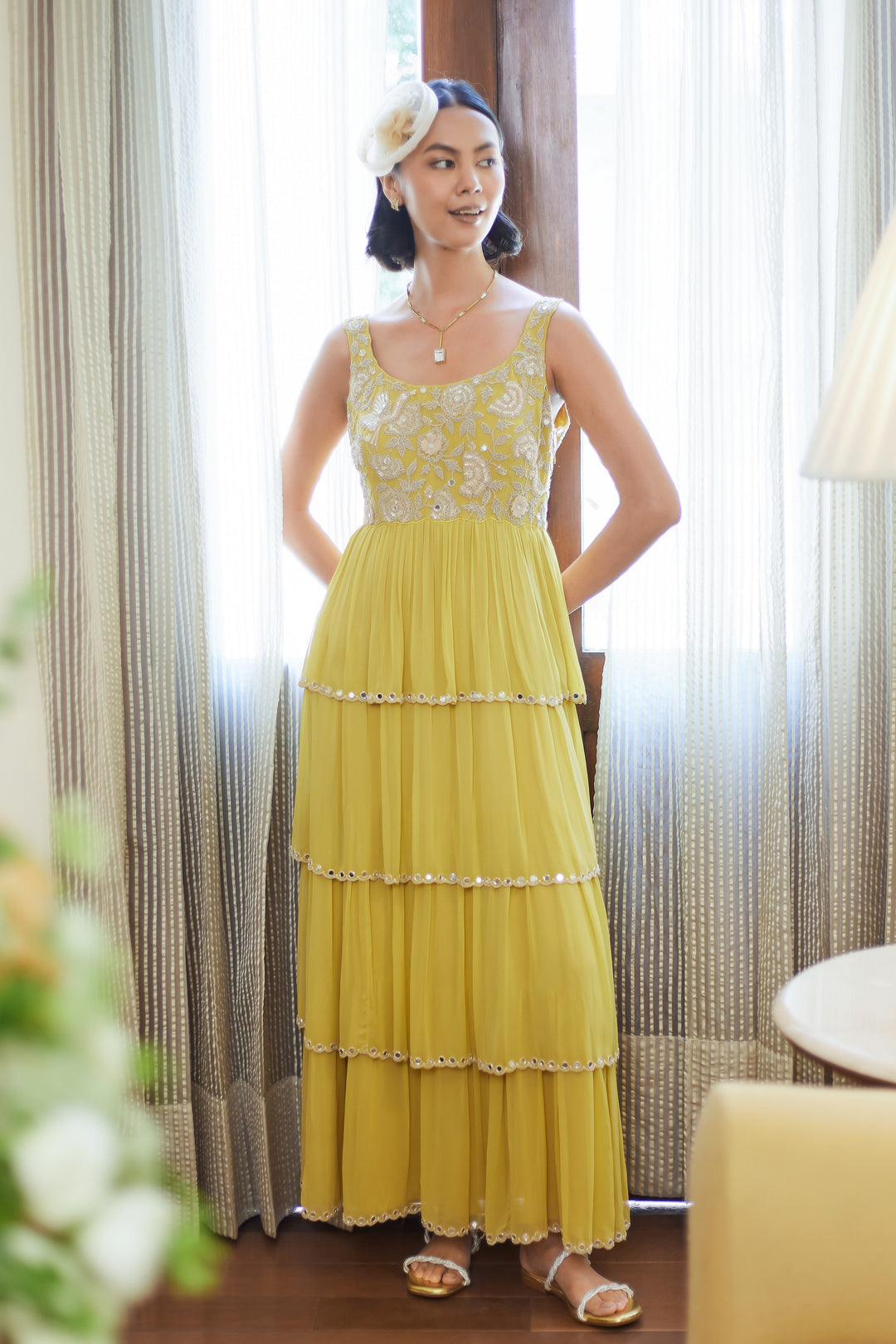 Buy Fall Yellow Garden Party Tier Georgette Dress By Summer