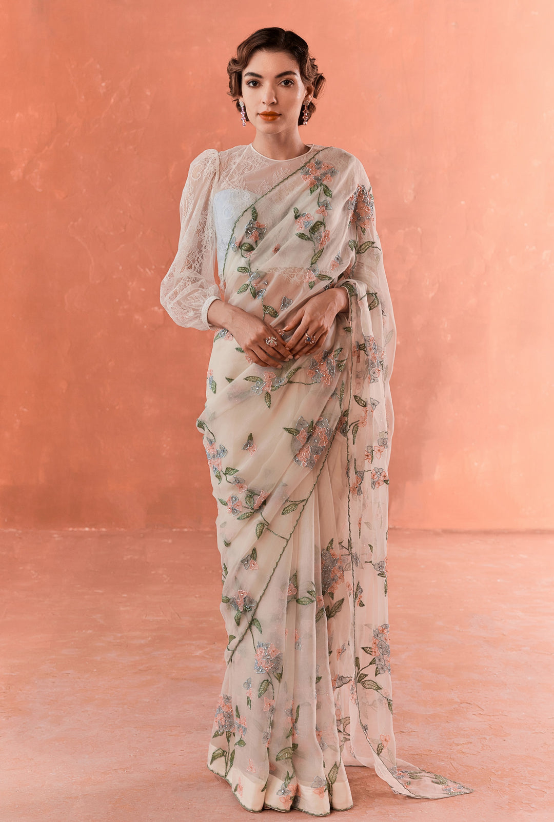 Ivory Hydrangea Organza Saree with A lace blouse