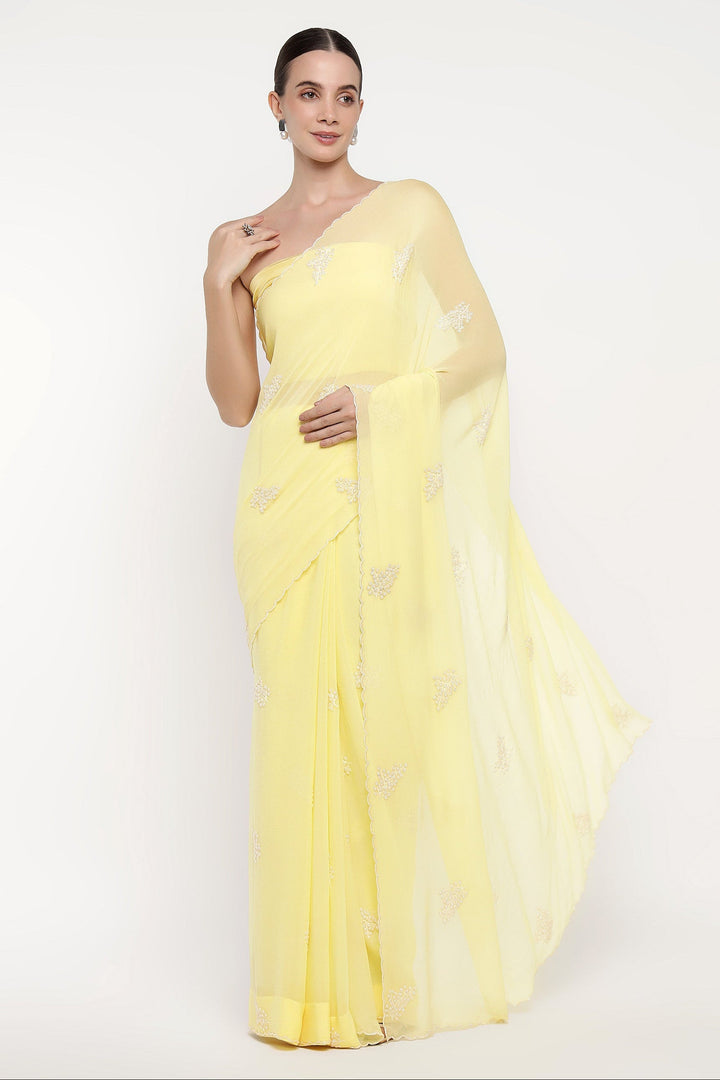 Woman wearing a light yellow saree with a white background