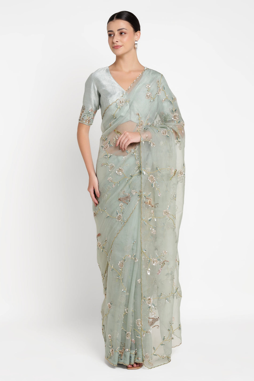 Teal Rose Garden Jungle Walk Saree Set
